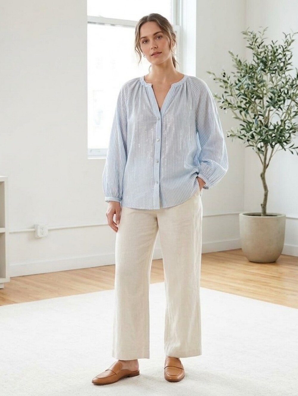 Anne Klein Light Blue and White Striped Button-Front Top